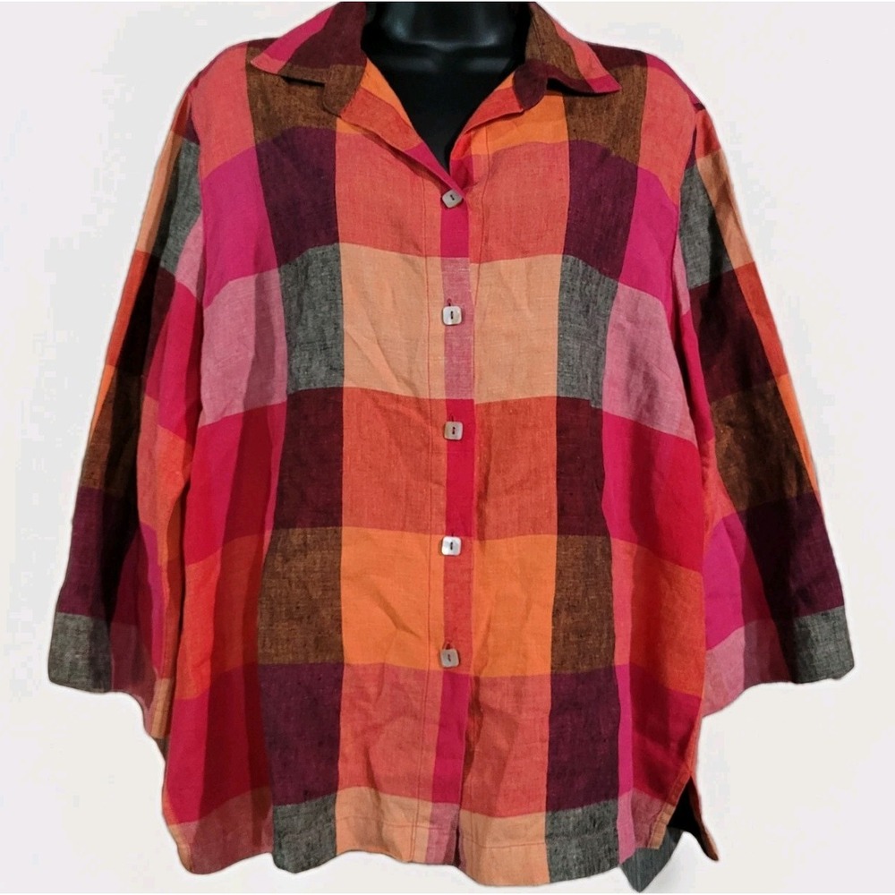 VIVID LINEN Button Up Top Plus Size 2X Plaid Fall Colors Artsy Buttons Lagenlook